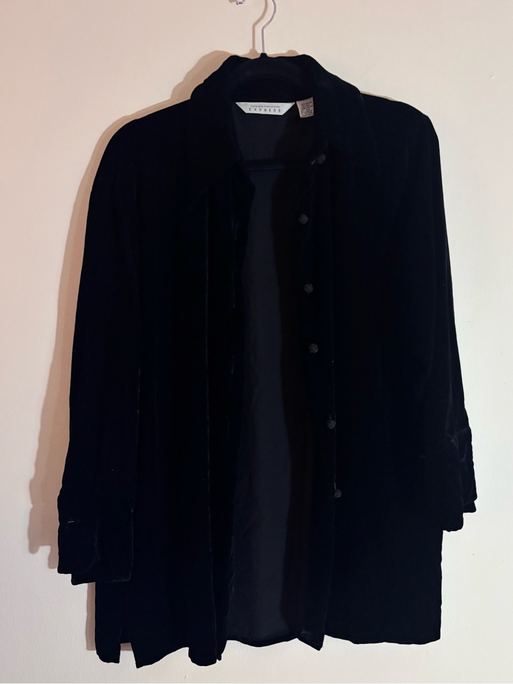 Vintage Express Black Velvet Silk Blend Shacket XS 90s Oversized Shirt Jacket